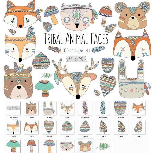 林地部落动物卡通元素插画涂色上色图案AI+PNG设计素材