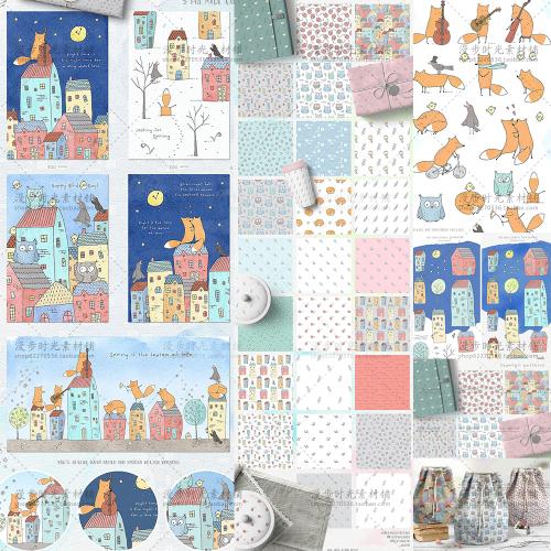 手绘可爱动物狐狸小鸟卡片平铺背景PNG免扣AI矢量设计素材