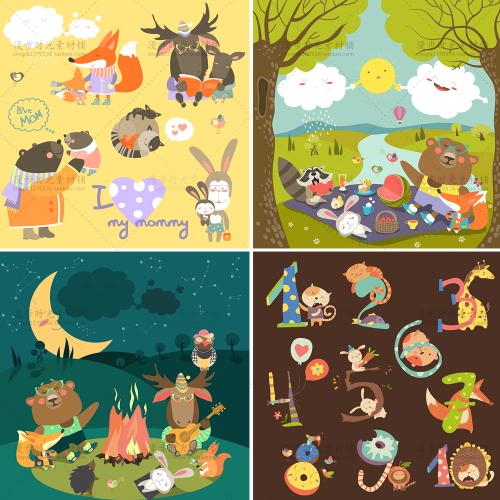 卡通森林动物可爱儿童装饰插画图案背景手账AI矢量图设计素材