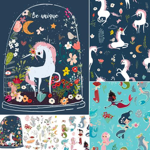 海底世界儿童手绘卡通童话美人鱼公主独角兽EPS矢量设计素材