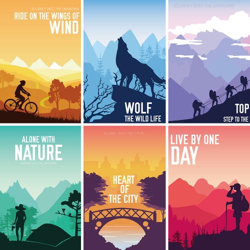 户外旅游运动人物麋鹿熊动物森林自然背景剪影插画矢量素材