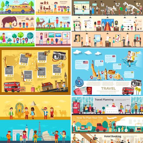 卡通扁平化世界旅行旅游地图博物馆景区参观矢量图片设计素材