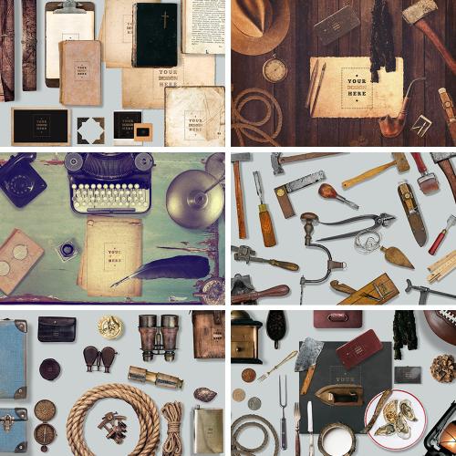 怀旧老式物品记事本相机航海手帐场景展示样机PSD设计素材