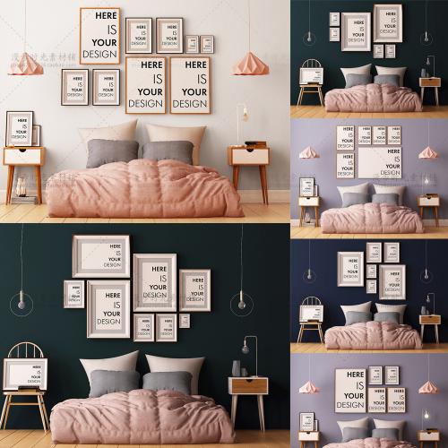 卧室房间无框画相框装饰画挂画贴图样机PSD分层设计素材模板
