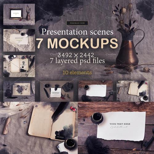 乡村风格的场景样机模板桌面笔记本鸡毛笔墨迹PSD设计素材