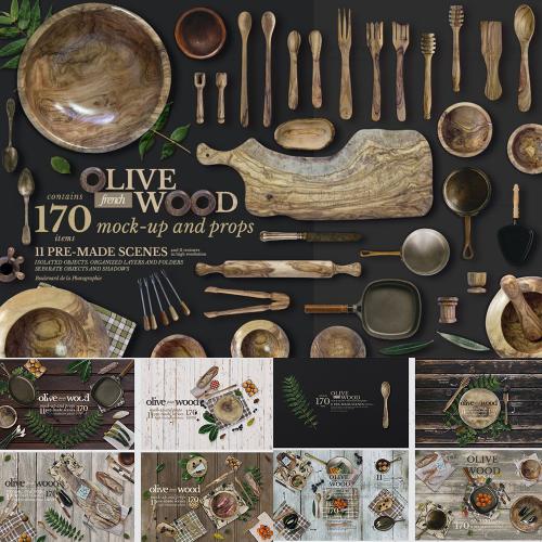 美食法国橄榄木质厨房用品展示模型样机PSD分层设计素材模板