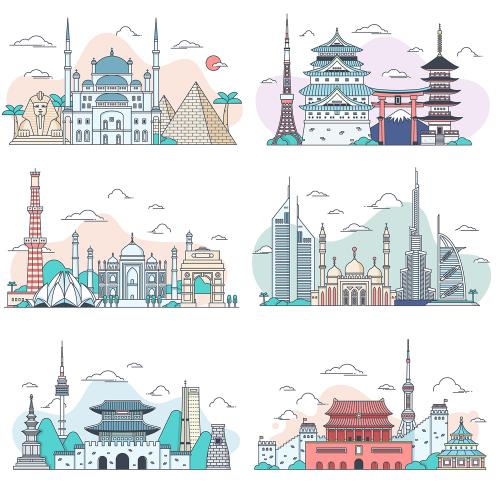 创意扁平化线性插画旅游景点app海报banner ui设计矢量ai素材