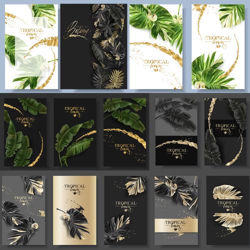 黑金色奢侈叶子龟背竹卡片装饰画玄关海报矢量eps设计素材