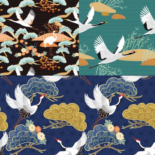 日式传统复古仙鹤中国风古典服装布料印刷设计背景底纹素材