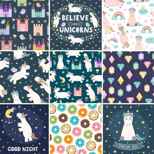 儿童手绘可爱卡通独角兽小鸟城堡PNG+EPS+AI矢量图片设计素材