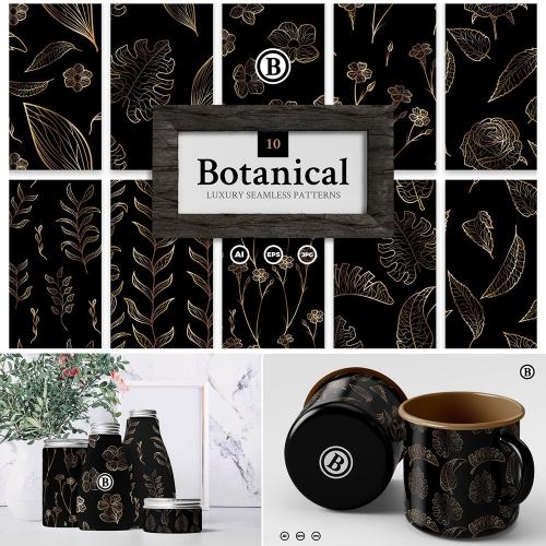 印刷黑金色叶子花纹植物花朵包装印刷图案AI矢量设计素材