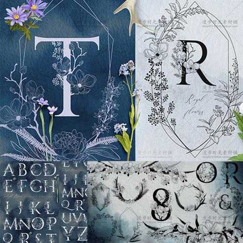 EPS矢量手绘线描花环婚礼请柬LOGO英文字母PNG免扣设计素材