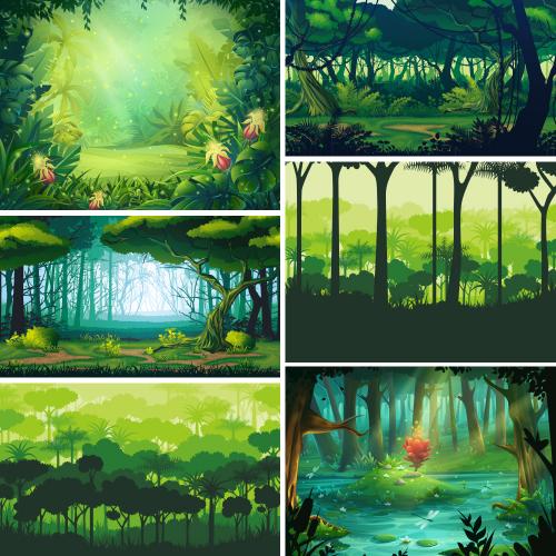 梦幻绿色森林树木植物剪影AI矢量设计素材模板