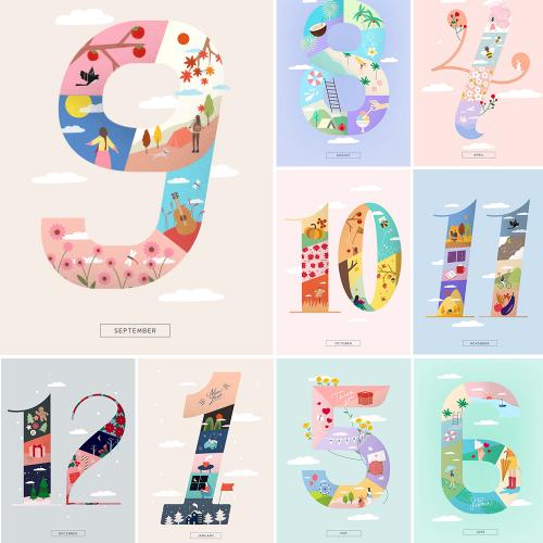 数字国外插图周年庆月份创意卡通海报插画AI矢量设计素材