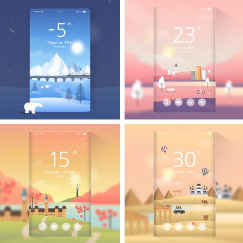 扁平化卡通天气风景UI设计APP引导页海报banner矢量素材