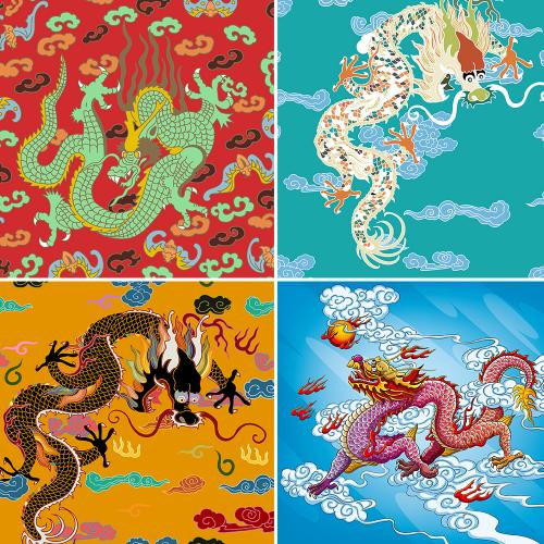 中国神话神龙动物形象手绘纹身图腾纹理印刷图案背景矢量素材