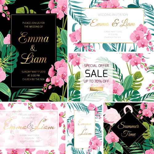 清新雨林龟背竹叶子蝴蝶兰花婚礼请柬邀请函EPS设计素材