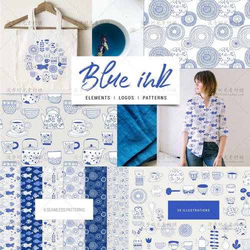 蓝色格调青花小鱼元素包装礼盒服装布料印刷AI+PNG设计素材