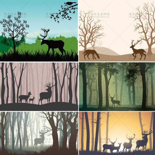森林麋鹿剪影动物海报壁画印刷墙纸AI矢量设计素材模板