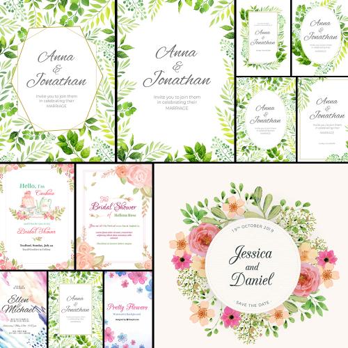 森系绿色叶子花环婚礼迎宾请柬海报卡片背景 AI矢量设计素材