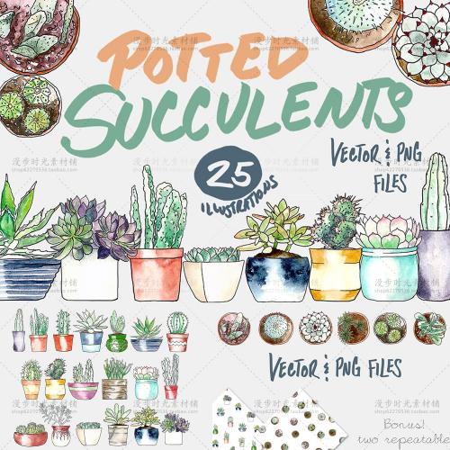 清新手绘多肉植物花草文艺明信卡片贺卡手帐EPS+PNG设计素材