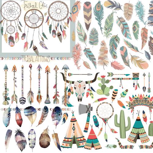部落羽毛箭头鹿头元素剪贴画合集卡通卡片AI+PNG设计素材