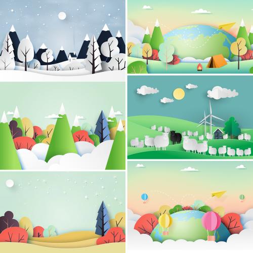 清新剪纸风景远山白云热汽球森林插画海报AI矢量设计素材