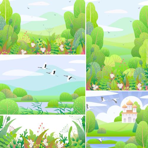 小清新春天山水插画远山飞鸟树林春季海报早春EPS设计素材