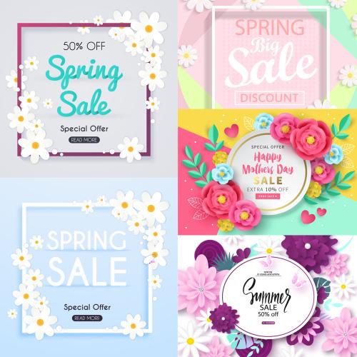 小清新剪纸立体花朵春天促销打折活动海报EPS矢量设计素材