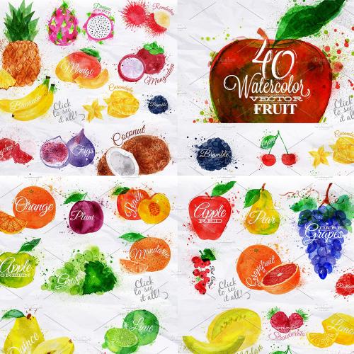 手绘水彩喷墨水果剪贴画印刷包装矢量EPS+PNG设计素材模板