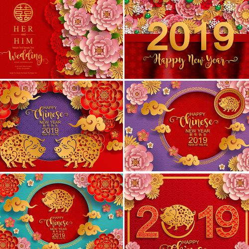 中国风喜庆新年春节立体剪纸猪年海报ai矢量设计素材