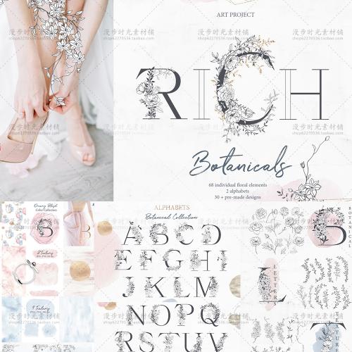 简约线描花环花卉婚礼海报LOGO英文字母PNG免抠PS设计素材