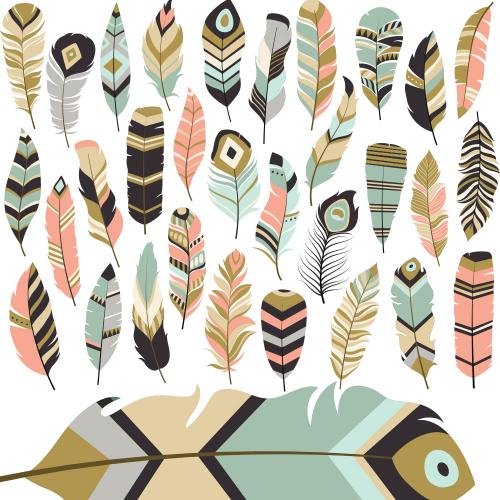 唯美高清部落羽毛矢量插画装饰画印刷AI＋PNG设计素材图案