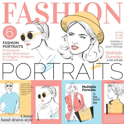 时尚手绘线条美女头像肖像购物装饰画背景AI矢量设计素材