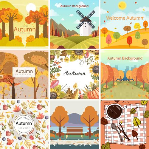 扁平化秋天森林河流户外旅游风景幼儿园墙画背景海报矢量素材