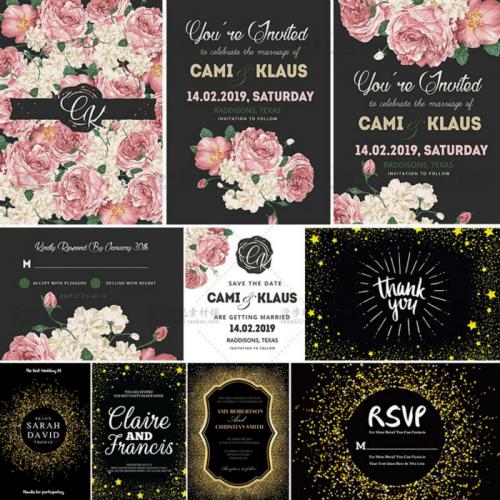 复古玫瑰花朵贺卡手账PSD设计素材金色结婚请柬婚礼请帖邀请函