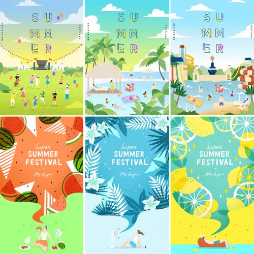 美夏季海报模板风景插图夏日插画游泳旅游度假PSD设计素材
