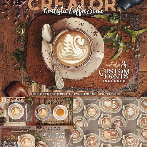 复古怀旧元素冲咖啡杯花式字母场景样机贴图PSD设计模板