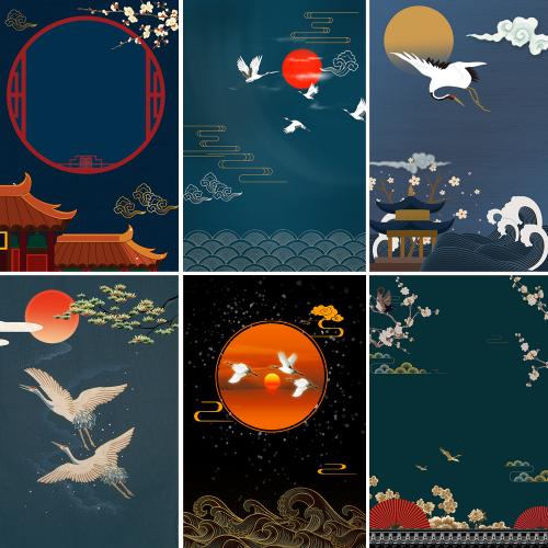 日本和风图案古典花纹日式白鹤樱花锦鲤海报PSD设计素材