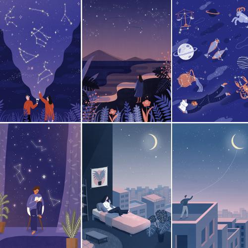 唯美星空晚安系列手绘手机壳壁纸插图插画PSD设计素材UI