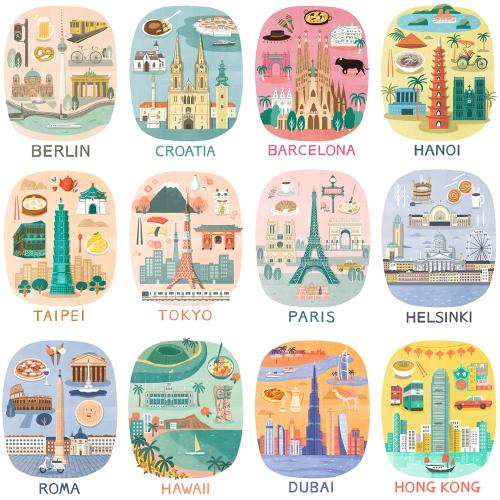 手绘世界国家地标建筑风景名胜旅游宣传海报PSD设计素材