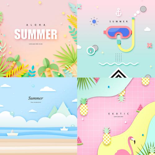 剪纸风火烈鸟热带雨林植物图旅行UI海报banner设计PSD素材