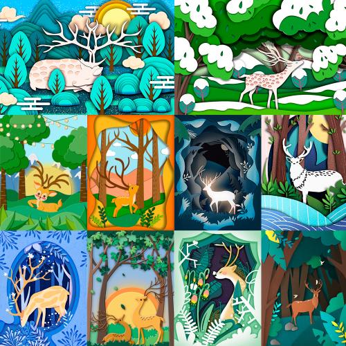 唯美森林麋鹿插图插画剪纸创意海报广告PSD分层设计素材