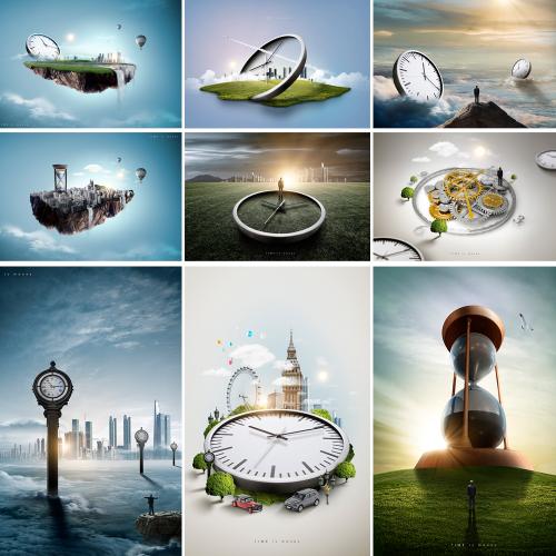 梦幻时钟时间空中岛屿天空唯美梦境海报PSD分层设计素材