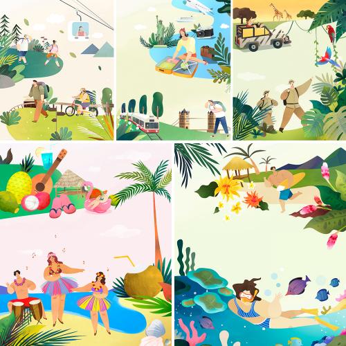 夏天夏季人物插画旅游郊游驴友野营野餐PSD模板设计素材