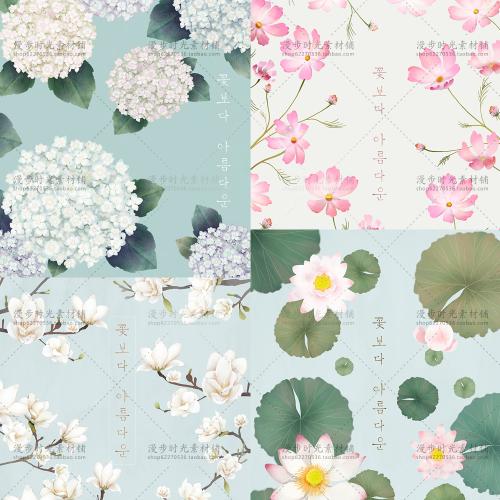 最新复古花朵装饰画荷花绣球花格桑花底纹背景PSD分层设计素材