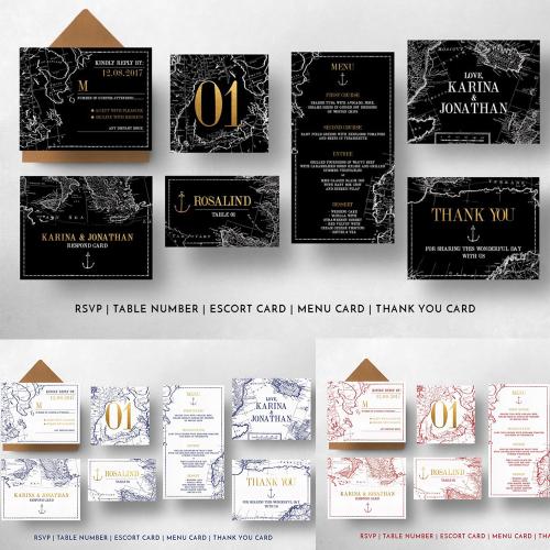 主题婚礼复古地图旅行婚礼邀请函请柬卡片PSD设计素材模板