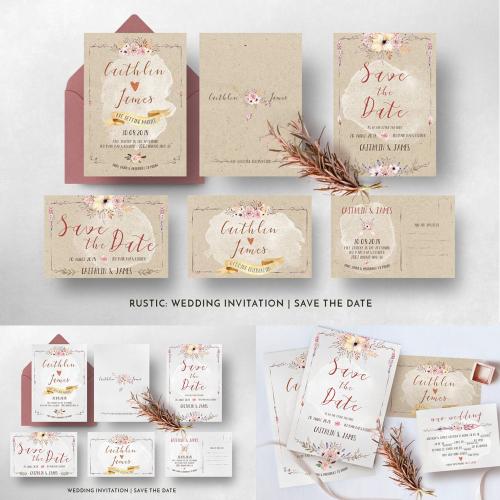 主题婚礼波希米亚水彩花卉邀请函请柬卡片PSD设计素材模板