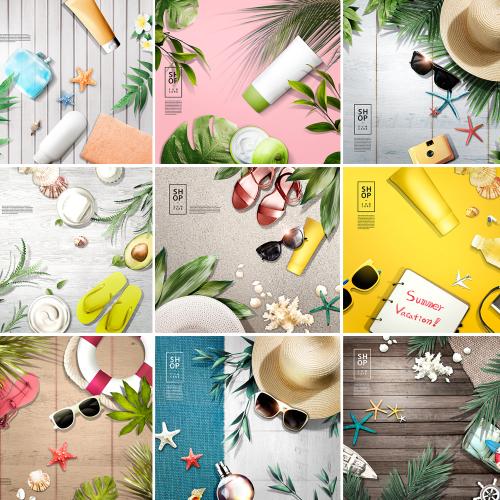 美妆护肤品防晒广告专题背景夏日海滩海报模板PSD设计素材