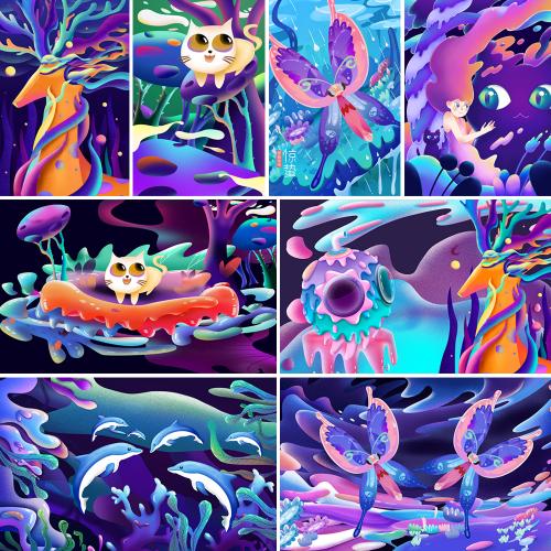 糖果渐融风森林麋鹿小鹿蘑菇森林蝴蝶猫猫插画PSD设计素材